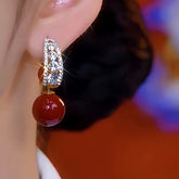 14K Gold-Plated Zircon Red Pearl Earrings - elegant Red Pearl Earrings