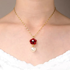 Women's Gold Necklace with Red Rose Pendant, CZ Accent & White Pearl Drop