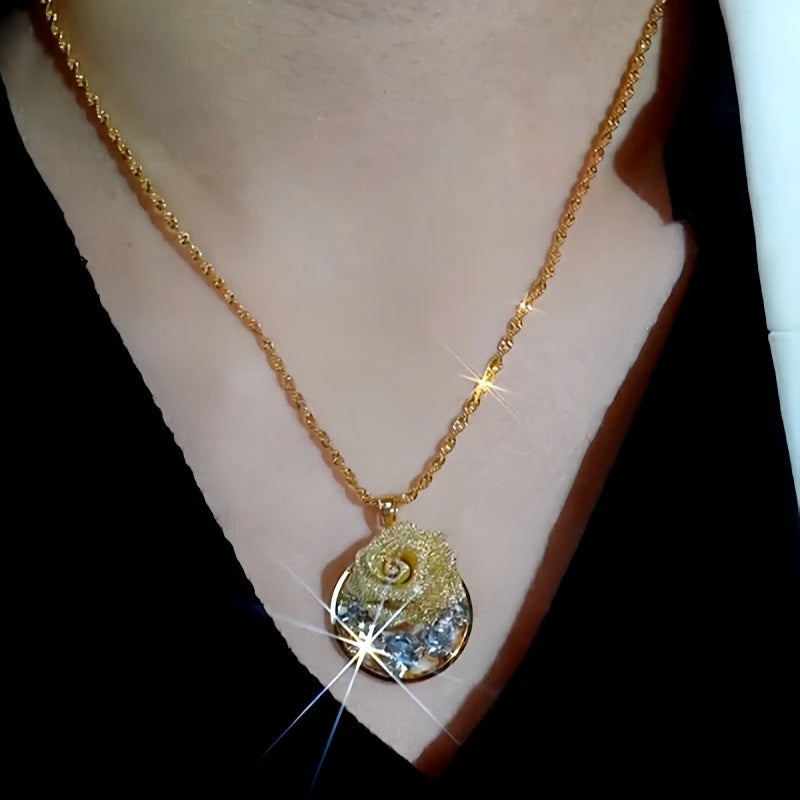 14K Gold-Plated Zircon Rose Pendant Necklace worn to showcase its length and pendant detail