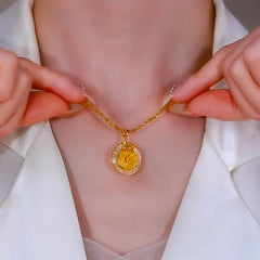 14K Gold-Plated Zircon Rose Pendant Necklace worn to showcase its length and pendant detail