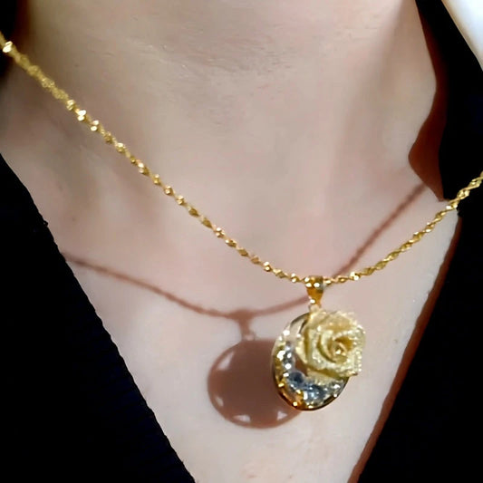 14K Gold-Plated Zircon Rose Pendant Necklace - beautiful Rose Pendant Necklace