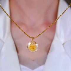 14K Gold-Plated Zircon Rose Pendant Necklace - beautiful Rose Pendant Necklace