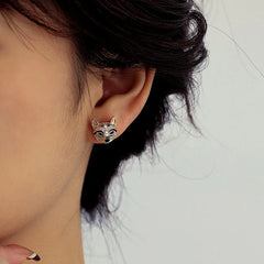Rose gold pave CZ fox head stud earring, side view worn on female ear