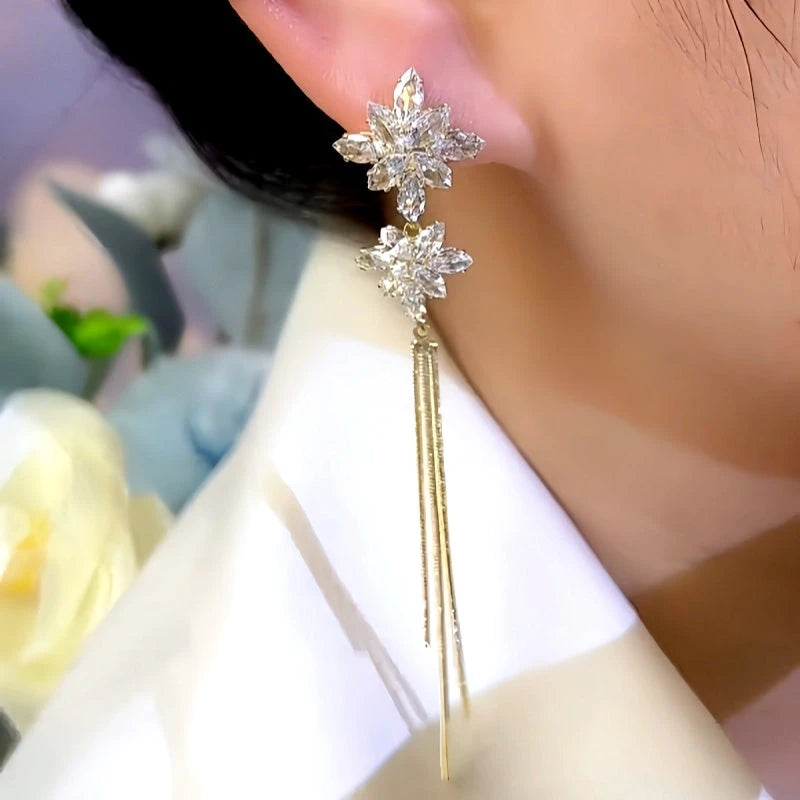 14K Gold-Plated Zircon Snowflake Long Tassel Earrings - elegant Tassel Earrings
