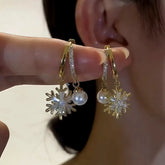 14K Gold-Plated Zircon Snowflake Pearl Tassel Earrings - elegant Pearl Tassel Earrings