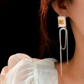 14K Gold-Plated Zircon Square Tassel Earrings - elegant Tassel Earrings