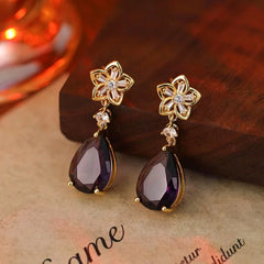 Women's Gold Flower Dark Purple Teardrop Crystal Dangle Earrings Product Shot