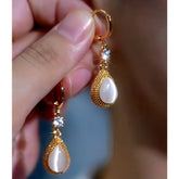 14K Gold-Plated Zircon White Cat's Eye Stone Water Drop Earrings - elegant Water Drop Earrings