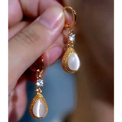 14K Gold-Plated Zircon White Cat's Eye Stone Water Drop Earrings - elegant Water Drop Earrings