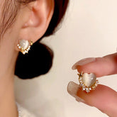 14K Gold-Plated Zircon & Cat's Eye Stone Heart Stud Earrings - elegant Cat's Eye Heart Studs