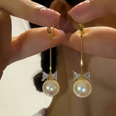 14K Gold-plated Bow Long Pearl Ear Hook Earrings - elegant Pearl Ear Hook