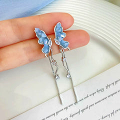 Light Blue Crystal Butterfly Long Tassel Silver Dangle Drop Earrings