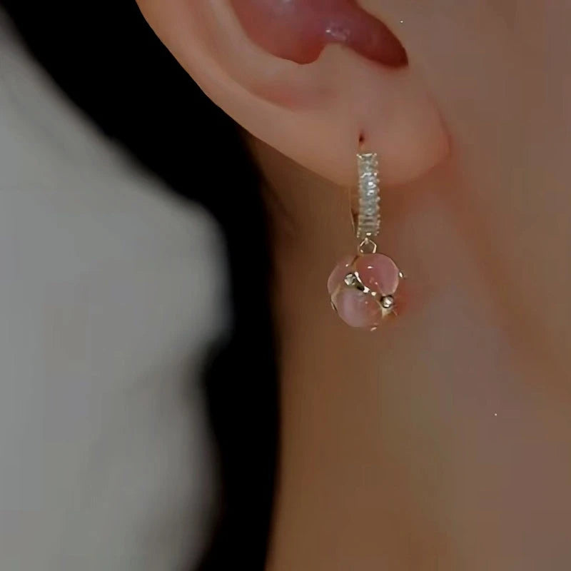 14K Gold-plated Cat's Eye Pink And Green Drop Earrings - elegant Cat's Eye Drop Earrings