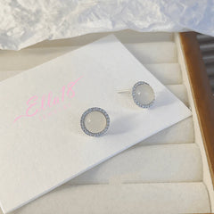 Pair of round milky white gemstone pave CZ halo silver stud earrings by Ella18 Jewelry