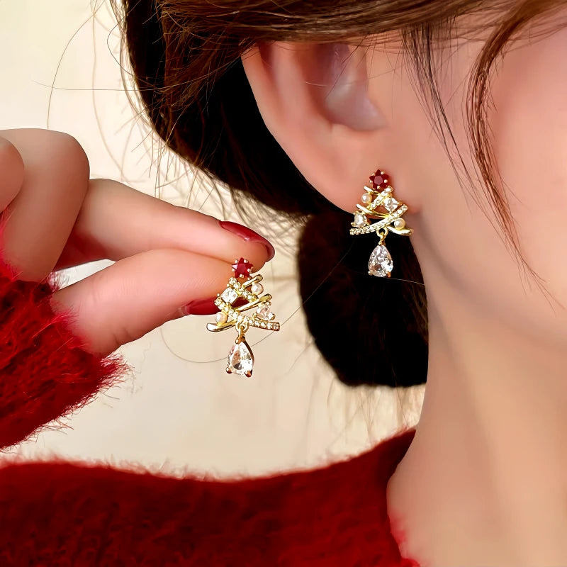 14K Gold-plated Christmas Diamond Tree Earrings - elegant Christmas Tree Diamond Earrings
