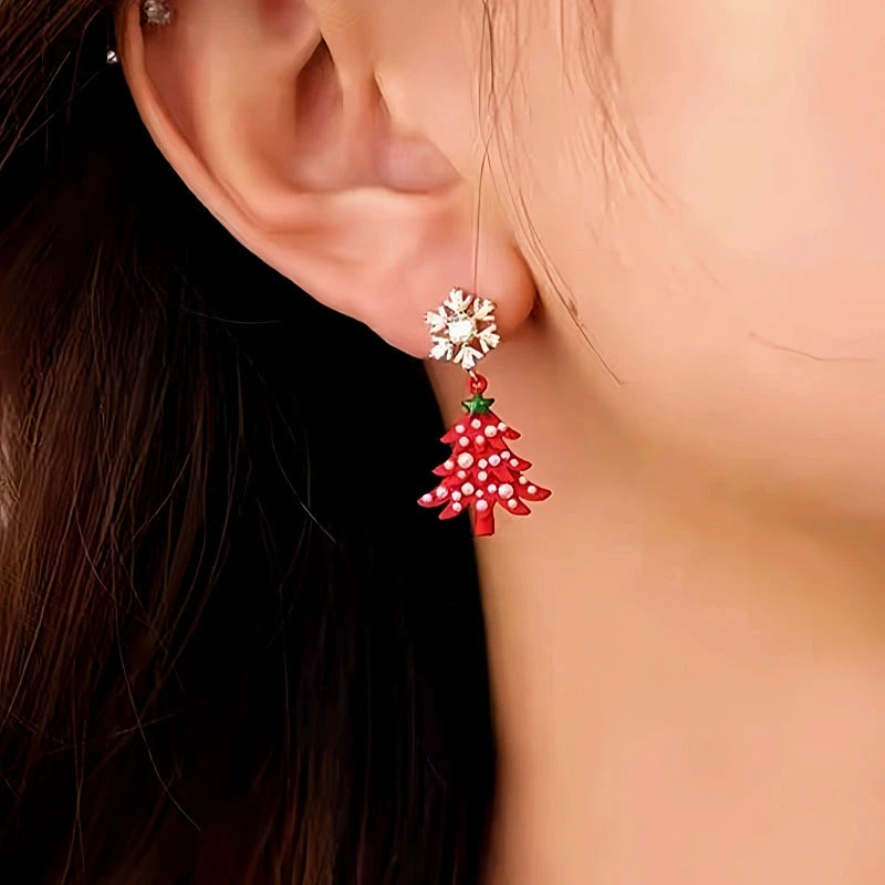 14K Gold-plated Christmas Diamond Zircon Snowflake Christmas Tree Earrings - elegant Snowflake Tree Earrings