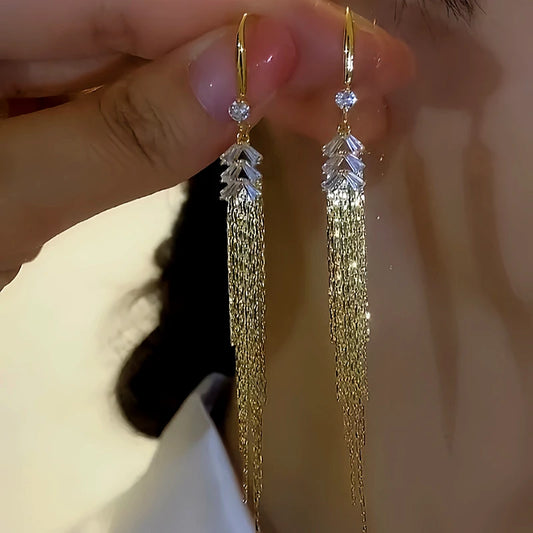 14K Gold-plated Diamond-Studded Wheat Tassel Earrings - elegant Wheat Tassel Earrings