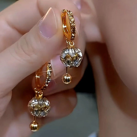 14K Gold-plated Diamond Ball Earrings - elegant Golden Diamond Ball Earrings
