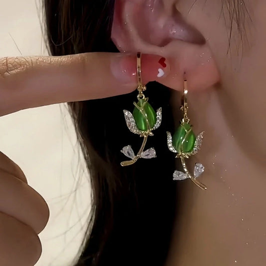 14K Gold-plated Diamond Green Tulip Earrings - elegant Green Tulip Earrings