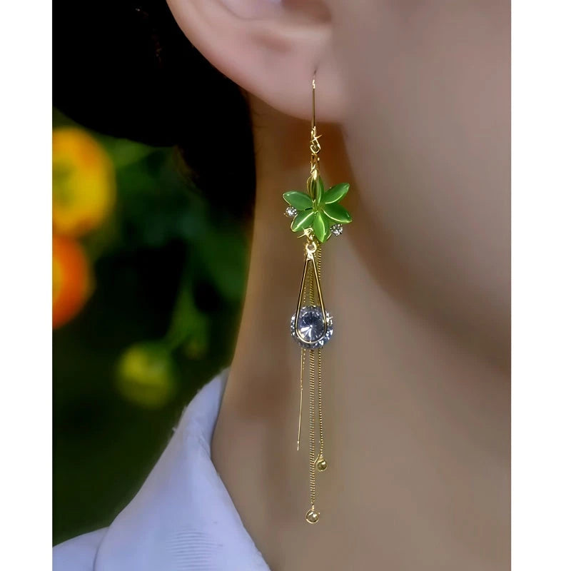 Close-up detail of the sparkling zircons and plating on the Opal Flower Earrings