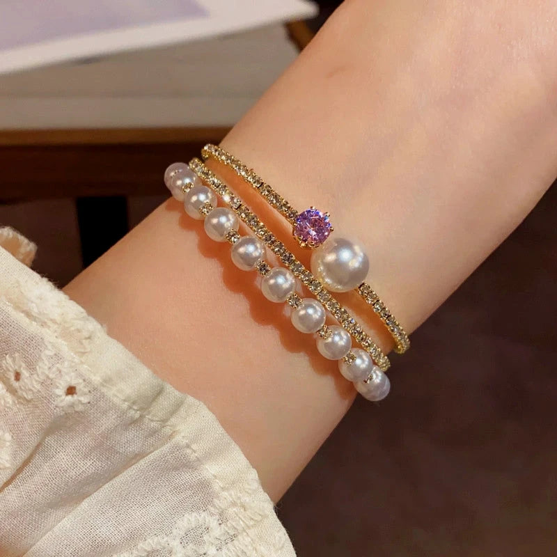 14K Gold-plated Exquisite Zircon Pearl Stacking Bracelets - chic Pearl Stacking Bracelets