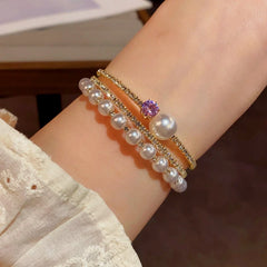 14K Gold-plated Exquisite Zircon Pearl Stacking Bracelets - chic Pearl Stacking Bracelets