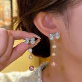 14K Gold-plated Luxury Bow Pearl Tassel Earrings - elegant Bow Pearl Tassel