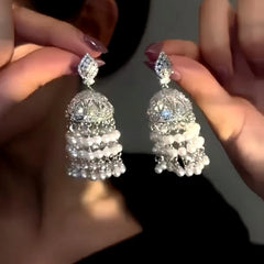 14K Gold-plated Luxury Diamond Curtain Tassel Pearl Earring - elegant Pearl Tassel Earring