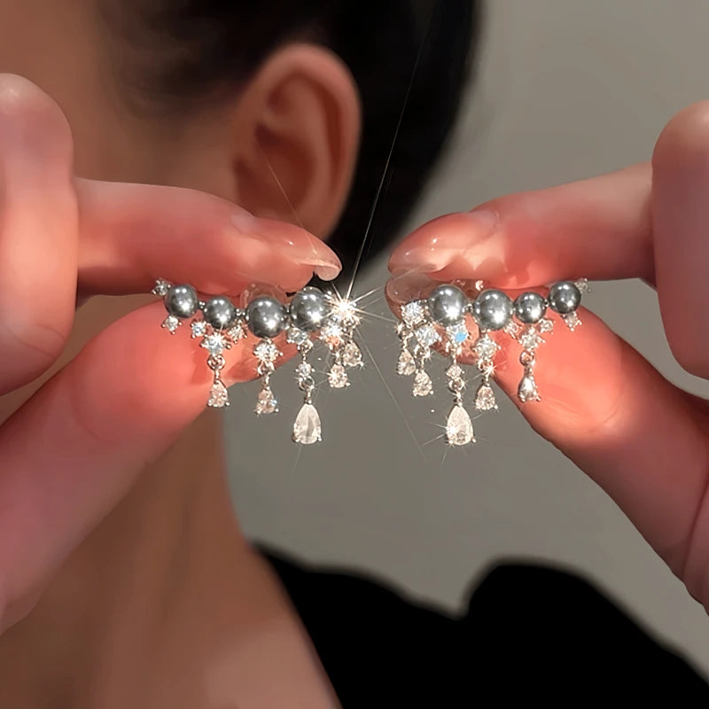 14K Gold-plated Luxury Diamond Gray Pearl Tassel Earrings - elegant Gray Pearl Earrings