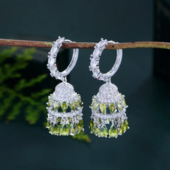 Angled view of the 14K Gold-plated Luxury Diamond Tassel Wind Chime Hollow Earrings