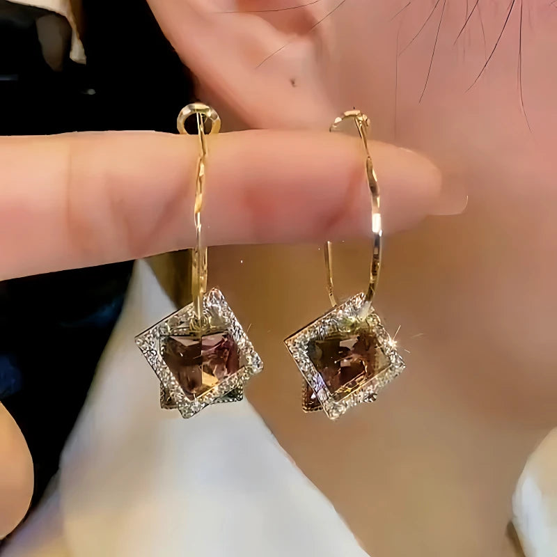 14K Gold-plated Square Crystal Earrings - elegant Square Crystal Earrings
