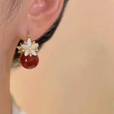 14K Gold-plated Zircon Double-Sided Flower Red Pearl Earrings - elegant Flower Pearl Earrings