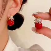 14K Gold-plated Zircon Flower Pearl Earrings - elegant Red Flower Pearl