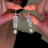 14K Gold-plated Zircon Wheat Pearl Tassel Ear Hook Earrings - elegant Tassel Ear Hooks