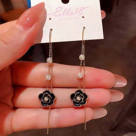 14K Gold Plated Brown Camellia Threader Tassel Earrings - elegant gold tassel earrings