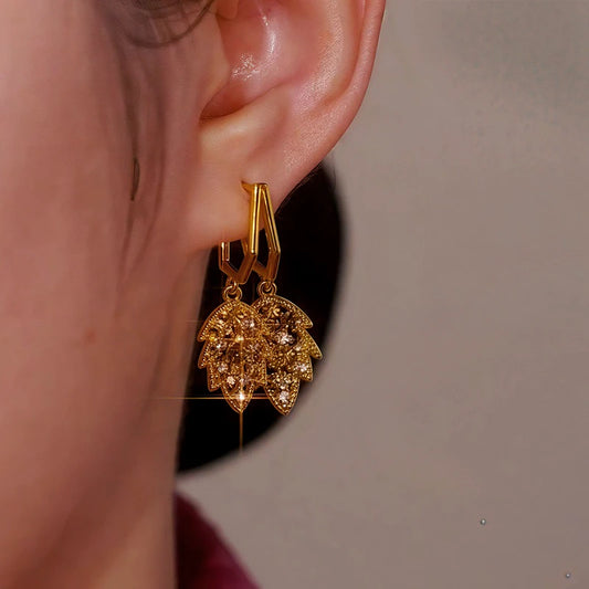 14K Gold-Plated  Brown Diamond Leaf Earrings - elegant gold leaf earrings