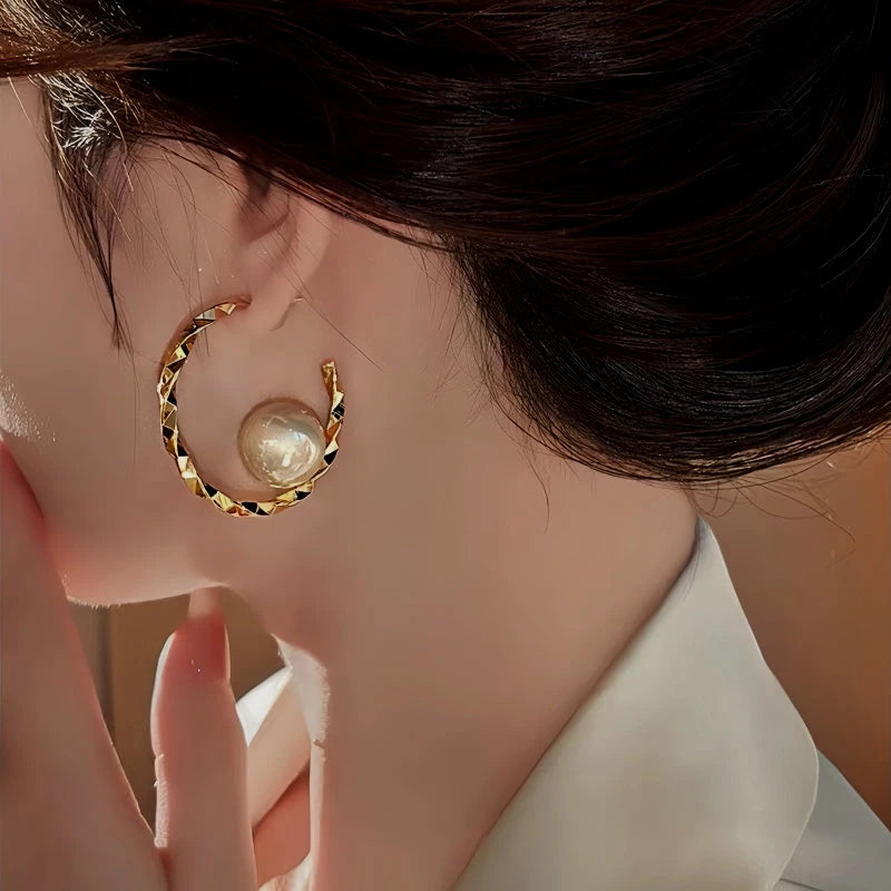 14K Gold Plated C-Shaped Twisted Pearl Earrings - elegant gold hoop earrings