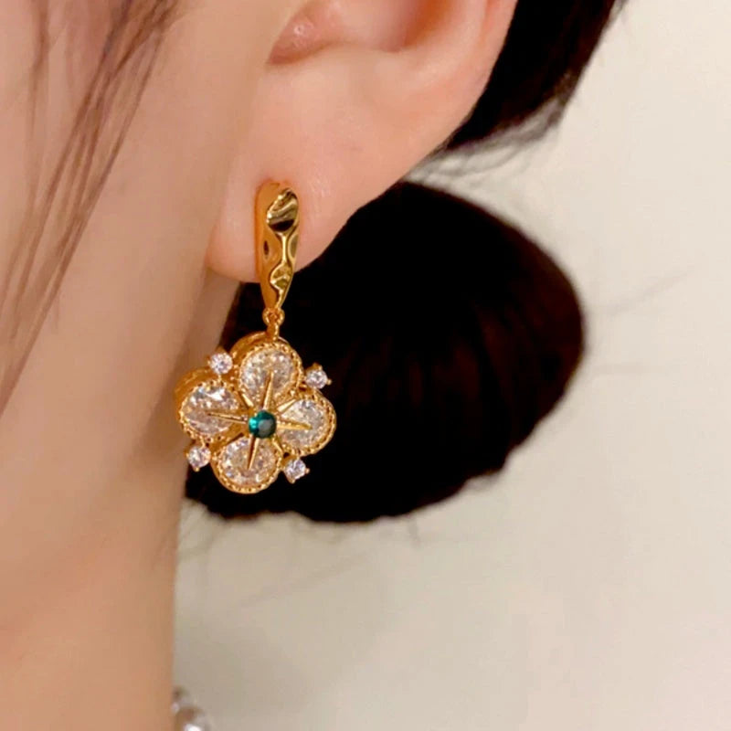 14K Gold Plated Diamond Star Four-Leaf Flower Earrings - elegant gold flower earrings