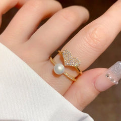 14K Gold Plated Double-Layer Zircon Heart Pearl Adjustable Rings - stunning gold heart ring