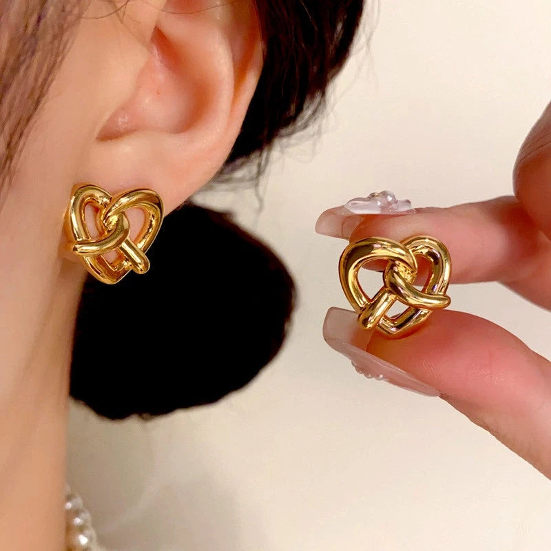 14K Gold Plated Knotted Love Heart Stud Earrings - elegant gold heart earrings
