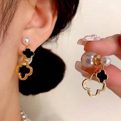 14K Gold Plated Pearl Four-Leaf Flower Front And Back Earrings - elegant gold flower earrings
