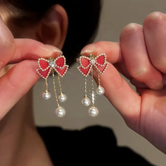 14K Gold Plated Red Bow Pearl Tassel Earrings - elegant gold tassel earrings