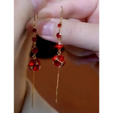 14K Gold Plated Red Crystal Tassel Threader Earrings - elegant gold threader earrings