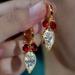 14K Gold Plated Red Diamond Zircon Leaf Earrings - elegant red drop earrings