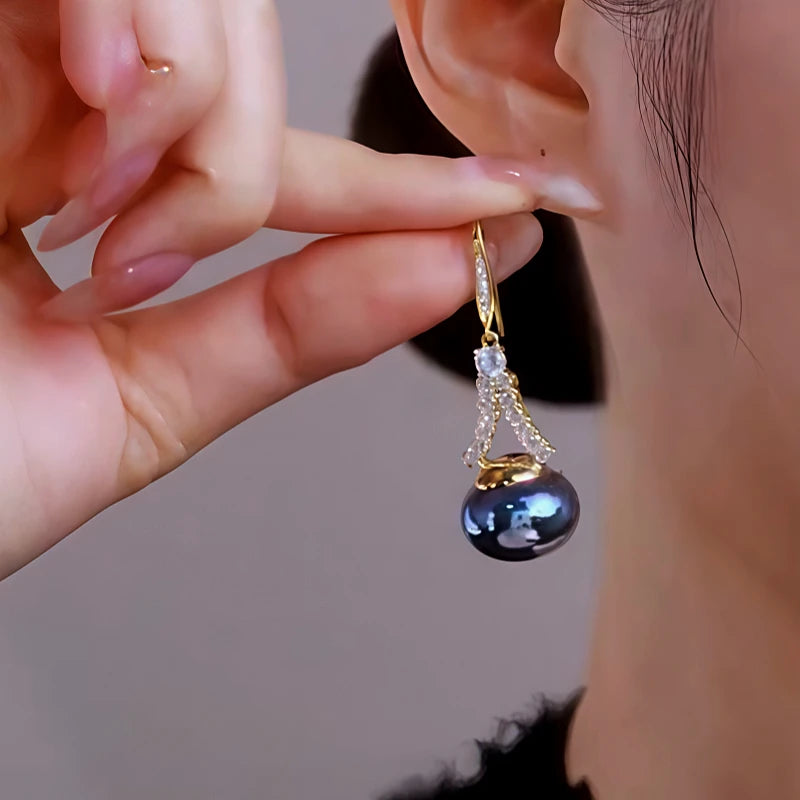 14K Gold Plated Zircon Blue Pearl Ear Hook Earrings - elegant gold threader earrings