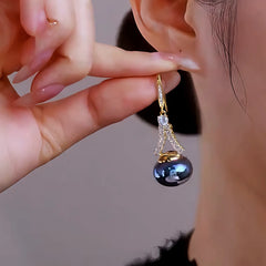 14K Gold Plated Zircon Blue Pearl Ear Hook Earrings - elegant gold threader earrings