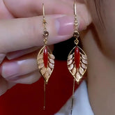 14K Gold Plated Zircon Cat's Eye Leaf Tassel Threader Earrings - elegant gold threader earrings