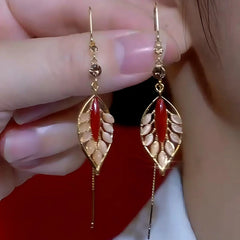 14K Gold Plated Zircon Cat's Eye Leaf Tassel Threader Earrings - elegant gold threader earrings