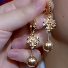 14K Gold Plated Zircon Cat's Eye Stone Maple Leaf Brown Pearl Earrings - elegant gold leaf earrings