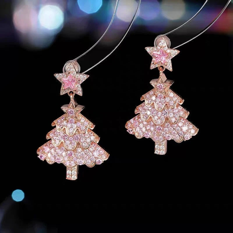 Angled view of the 14K Gold Plated Zircon Christmas Tree Earrings